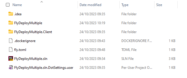 Visual Studio solution explorer showing relocated fly.toml and .dockerignore files