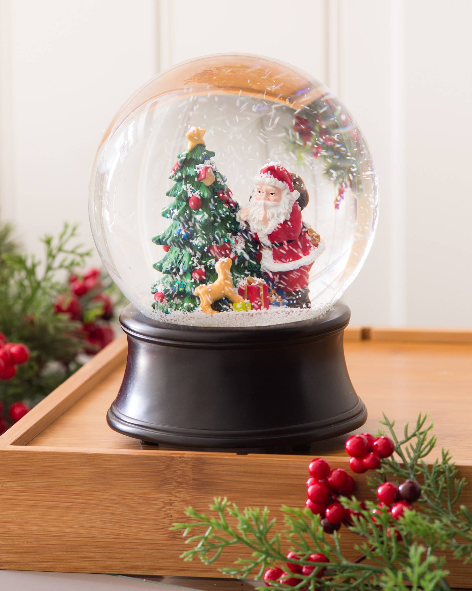 Santa with Puppy Musical Snow globe | Balsam Hill