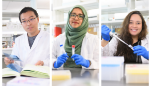 OMRF scientists Liang Gao, Ph.D., Hina Nizami, Ph.D., and Marcella Datilo, Ph.D. (left to right) have each received an American Heart Association fellowship to advance their research on cardiovascular disease. (Photos/OMRF)