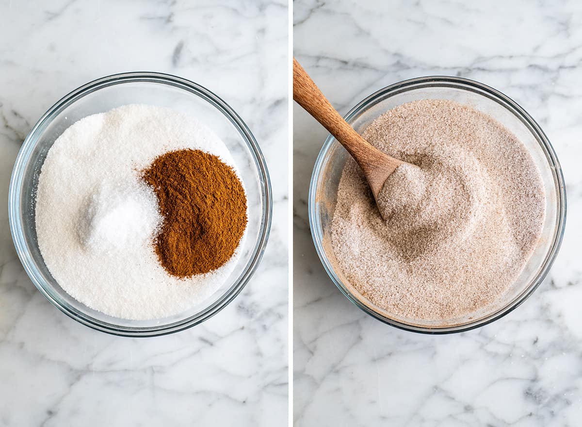 two overhead photos showing how to make candied cinnamon sugar pecans - combining dry ingredients