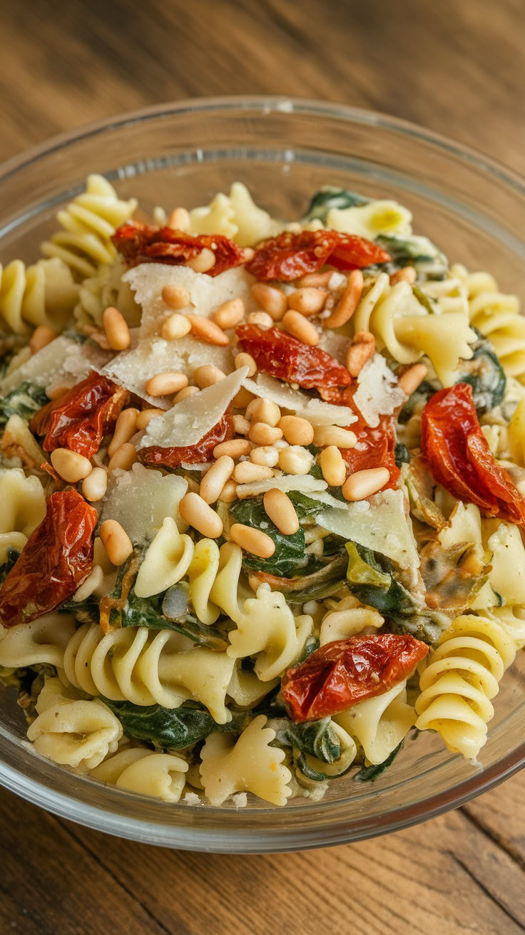 This pasta salad is a colorful mix of sundried tomatoes and fresh spinach. Tossed with your favorite pasta and a simple dressing, it’s a breeze to make. Perfect for picnics or a quick lunch, it brings a burst of flavor to any meal.