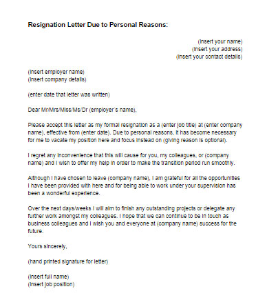 Resignation Letter Due to Personal Reasons Sample | Just Letter Templates