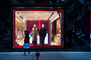 Items are displayed in the window of a Burberry store on Michigan Avenue along the Magnificent Mile in Chicago in November.