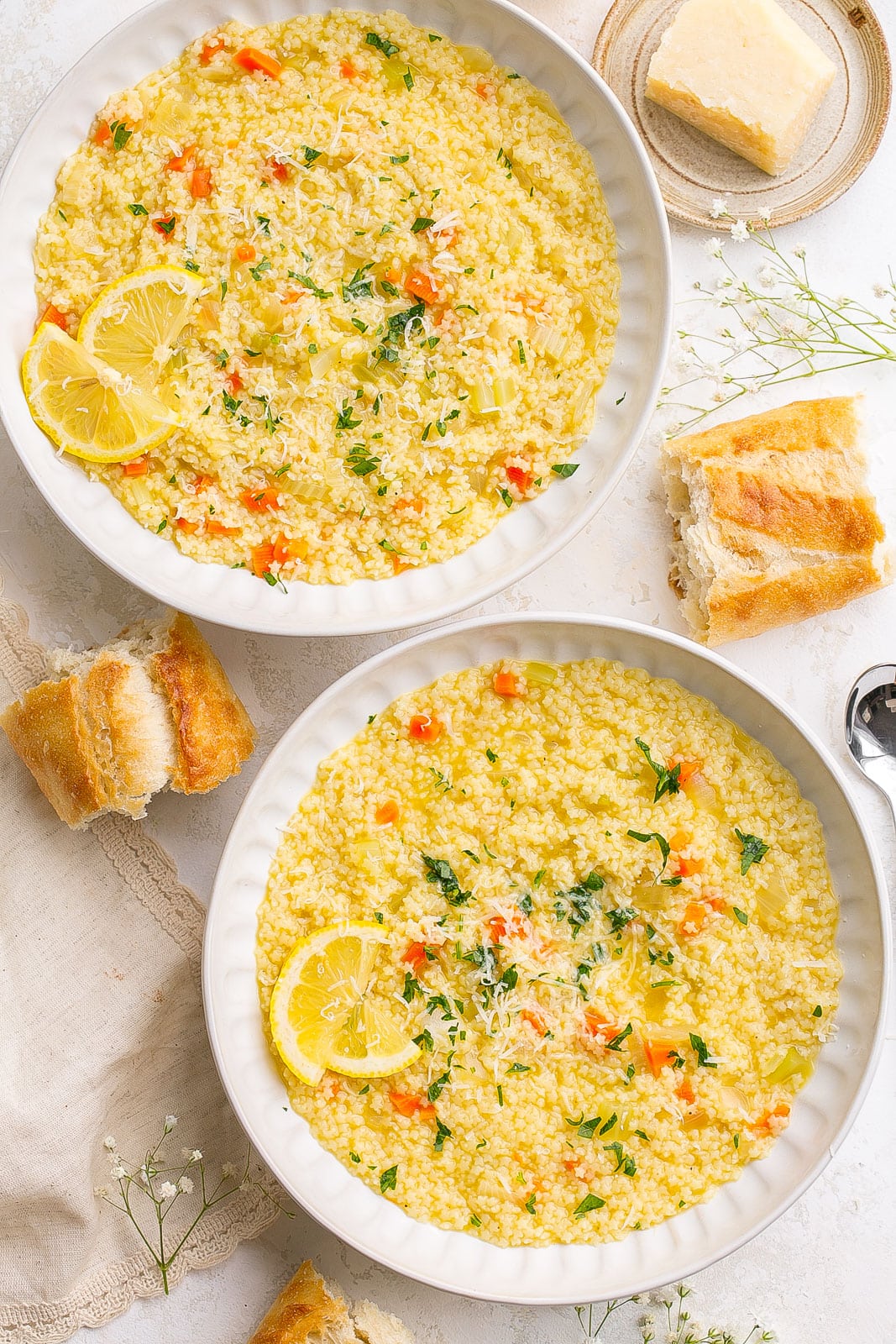 Italian pastina soup in a white bowl.