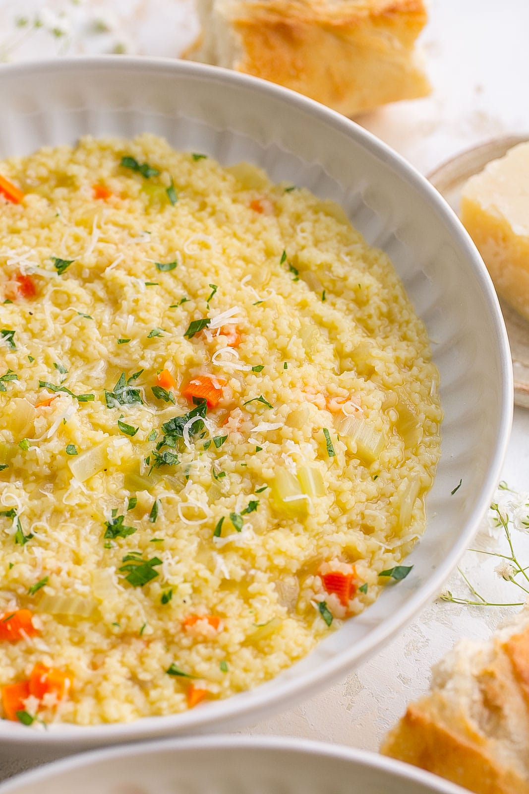 Side view of pastina soup.