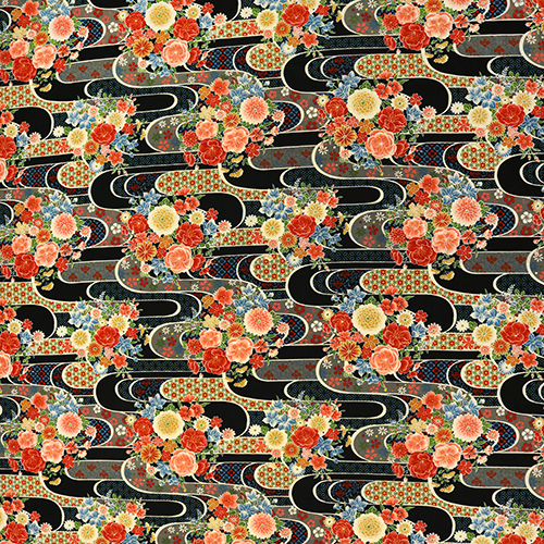 Traditional Japanese Kawa River Flowers Fabric by Japanese Indie