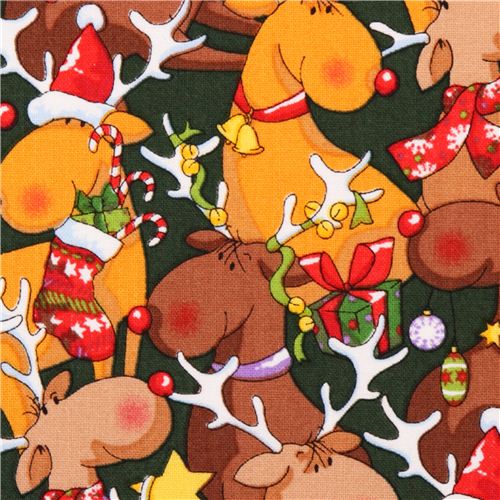 green reindeer Christmas fabric Santa's Workshop Fabric by Japanese ...