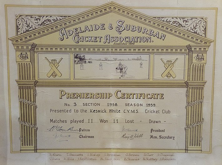 1959 ASCA Premiership Certificate Keswick Cricket Club