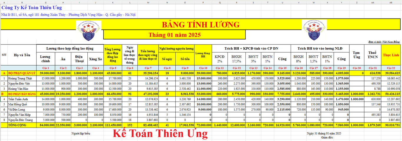 Mẫu bảng tính lương năm 2025 mới nhất