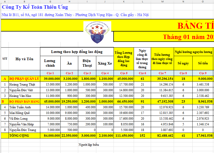 Mẫu bảng tính lương trên EXCEL 