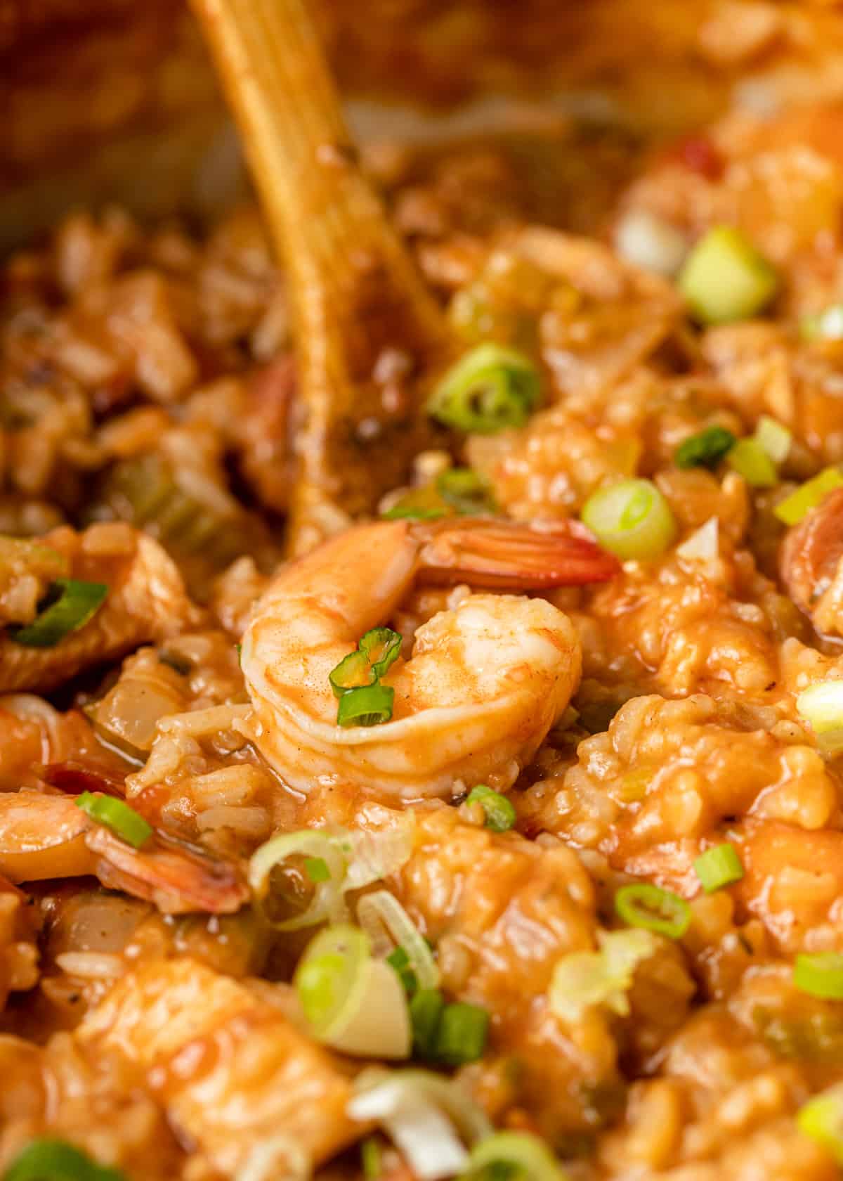 extreme closeup: my jambalaya recipe in a pot with a wooden spoon with shrimp showing