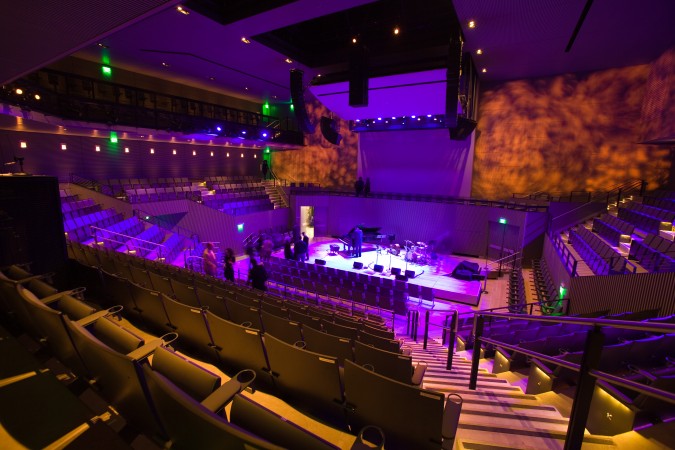 SFJAZZ Center Robert M. Miner Auditorium on opening night, under theatrical lighting, January 21, 2013, San Francisco, California USA. Photograph by Kevin Warnock.