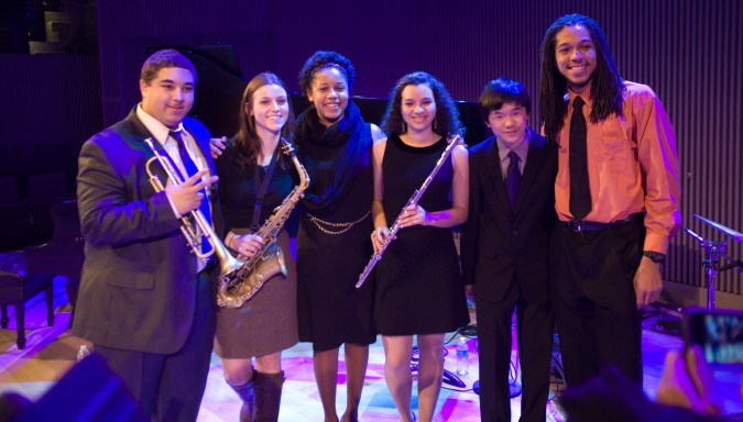 SFJAZZ High School All-Stars at opening night for SFJAZZ Center, San Francisco, California, January 21, 2013. Photograph by Kevin Warnock. Left to right: Tracy Fitzsimmons, Jill Ryan, Aneesa Al-Musawwir, Elena Pinderhughes, Matt Wong and Malachi Whitson.