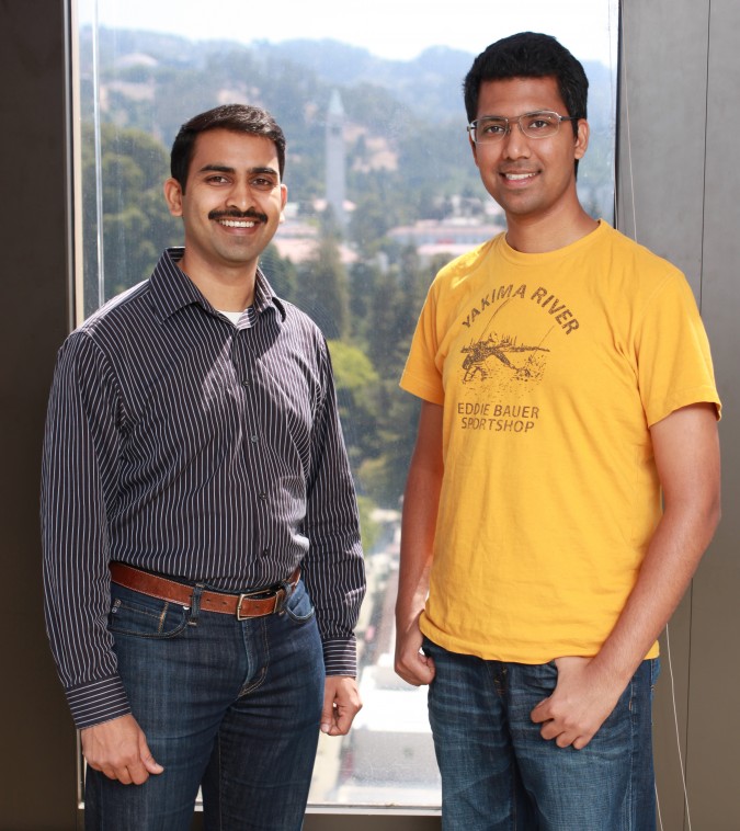 Cofounders of ShoppingPal.com - Sriram Subramanian, CEO, and Pulkit Singhal, CTO. July 26, 2013. Photograph taken at University of California Berkeley Skydeck accelerator, on the top floor of the tallest building in Berkeley, California. That clock tower in the background is on the UC Berkeley campus. Photo by Kevin Warnock.