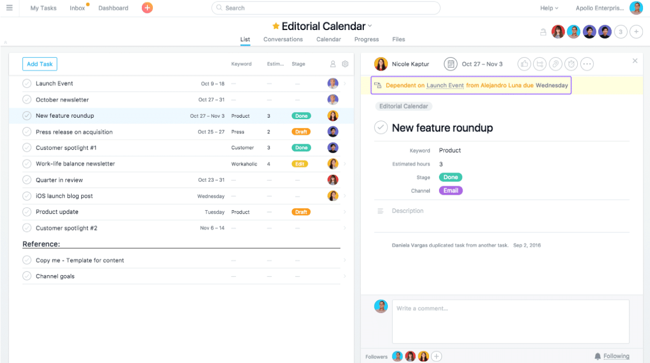 Asana task dependency feature