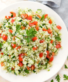 overhead photo of a bowl of cauliflower tabbouleh