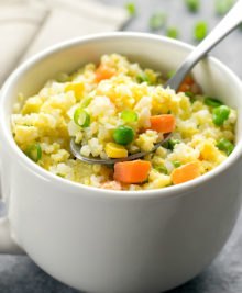 photo of a mug of cauliflower fried rice