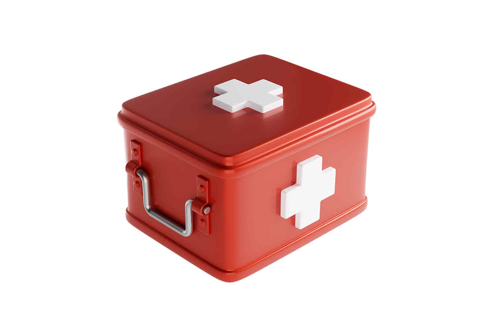 Red first aid kit with white crosses, 3d rendered illustration. Box for storing or carrying medical supplies and equipment.