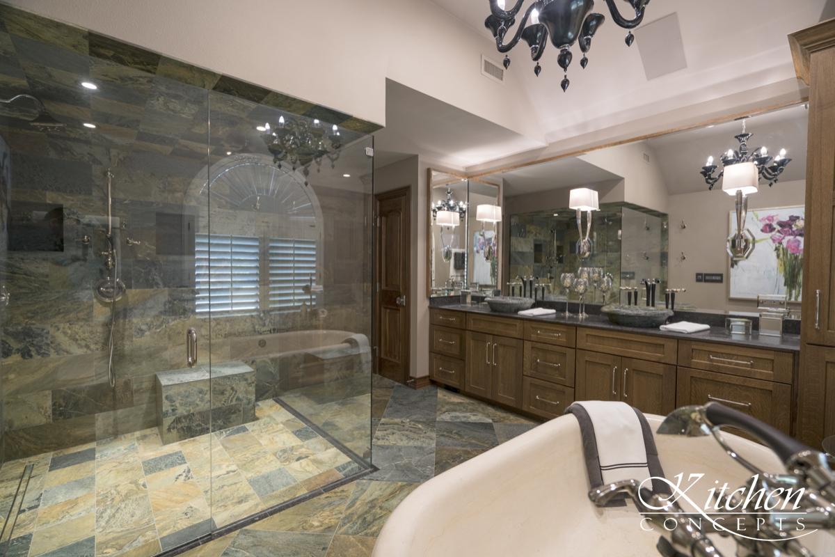  Large  Bathroom  Remodel with Classic Tub  and Stone Tiled 