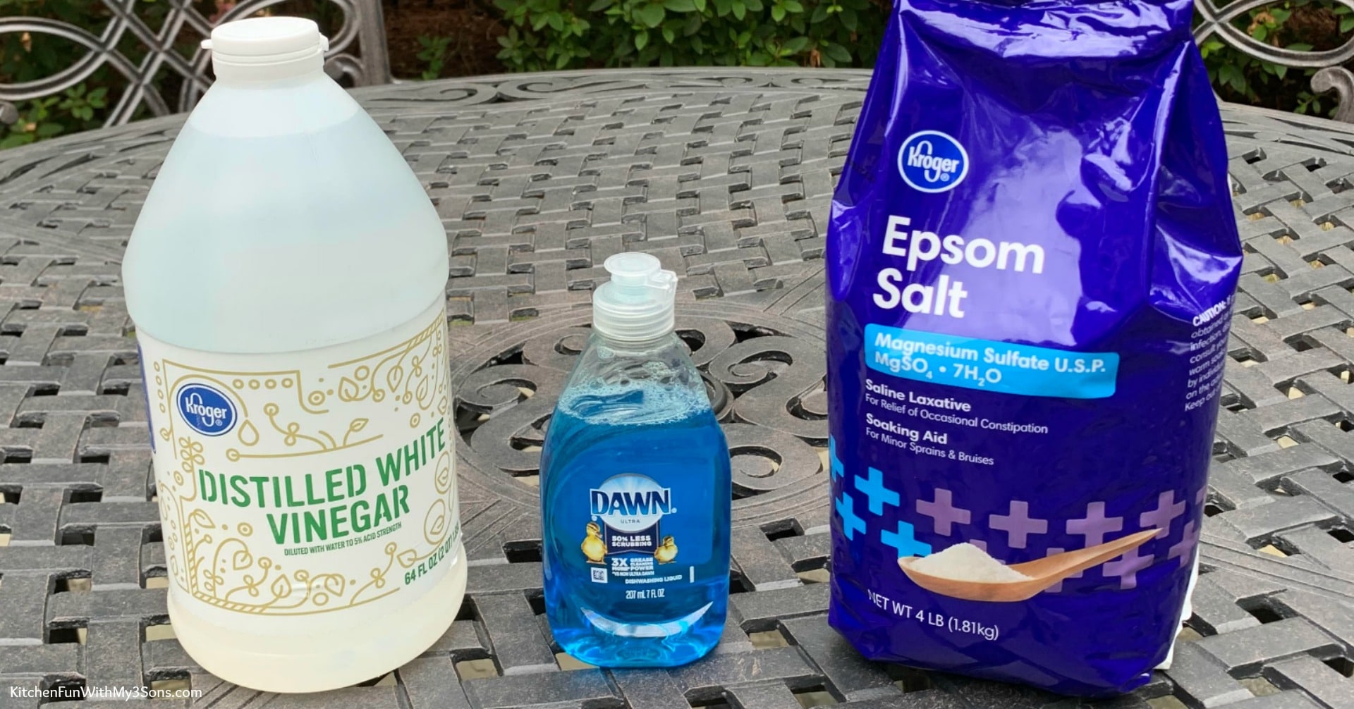 The ingredients (vinegar, dish soap, salt) for natural weed killer.