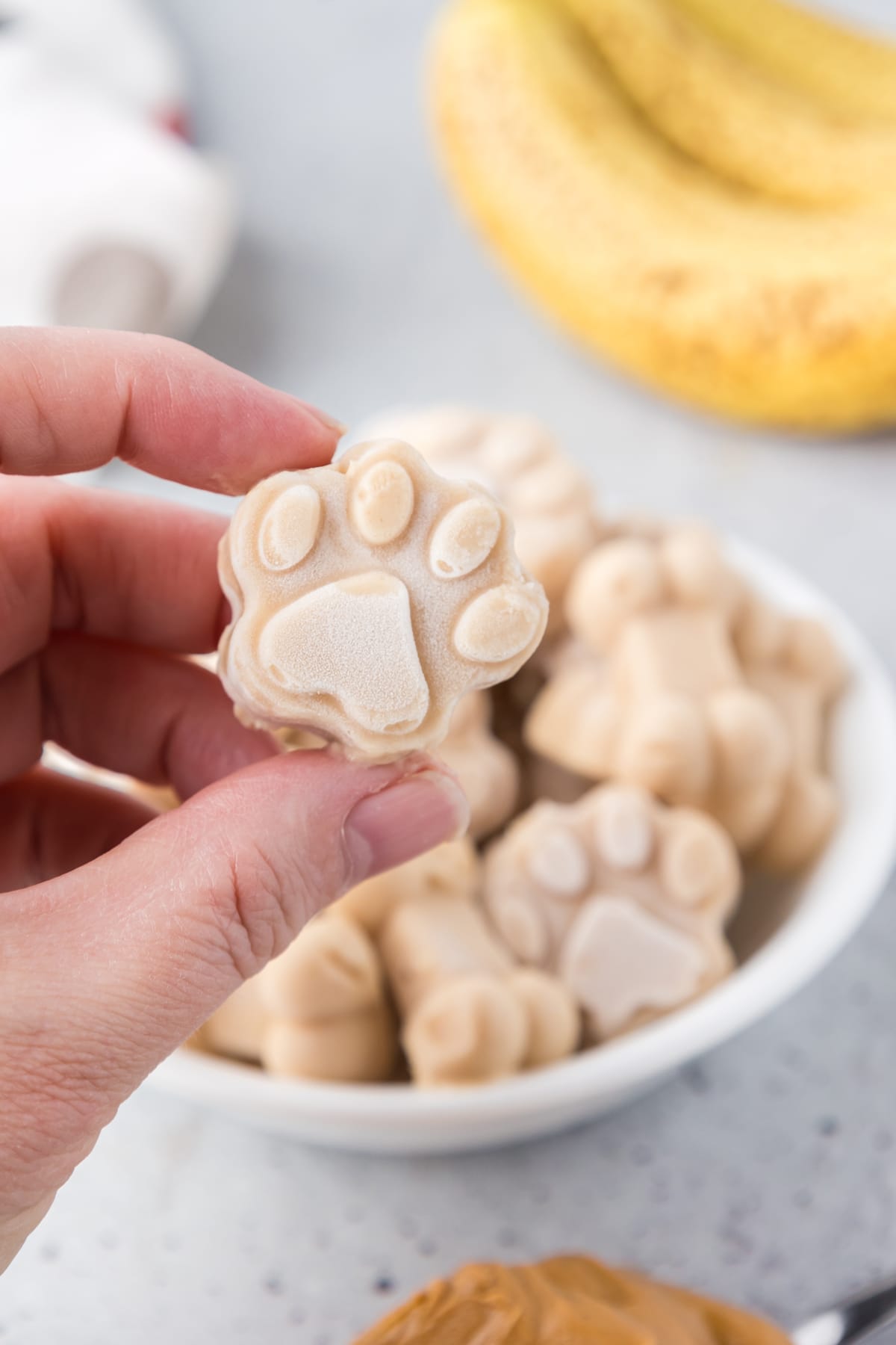 A hand holding dog ice cream shaped like a paw print