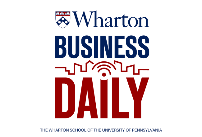 Logo for "Wharton Business Daily" featuring the Wharton School''s emblem and a city skyline with radio waves. Text reads "The Wharton School of the University of Pennsylvania."