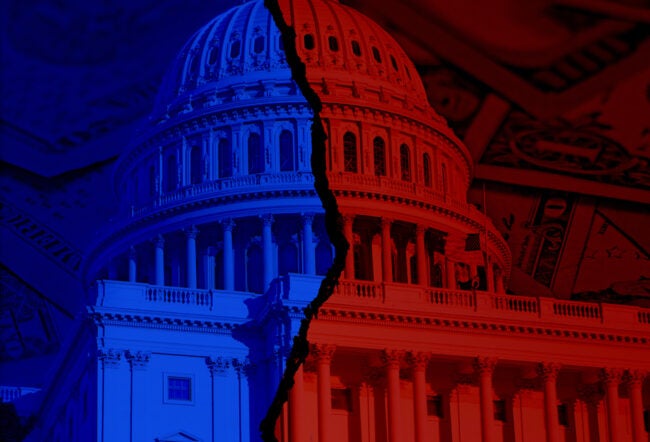 Edited image of Capitol Hill divided down the middle with red on one side and blue on the other and U.S. bills in the background