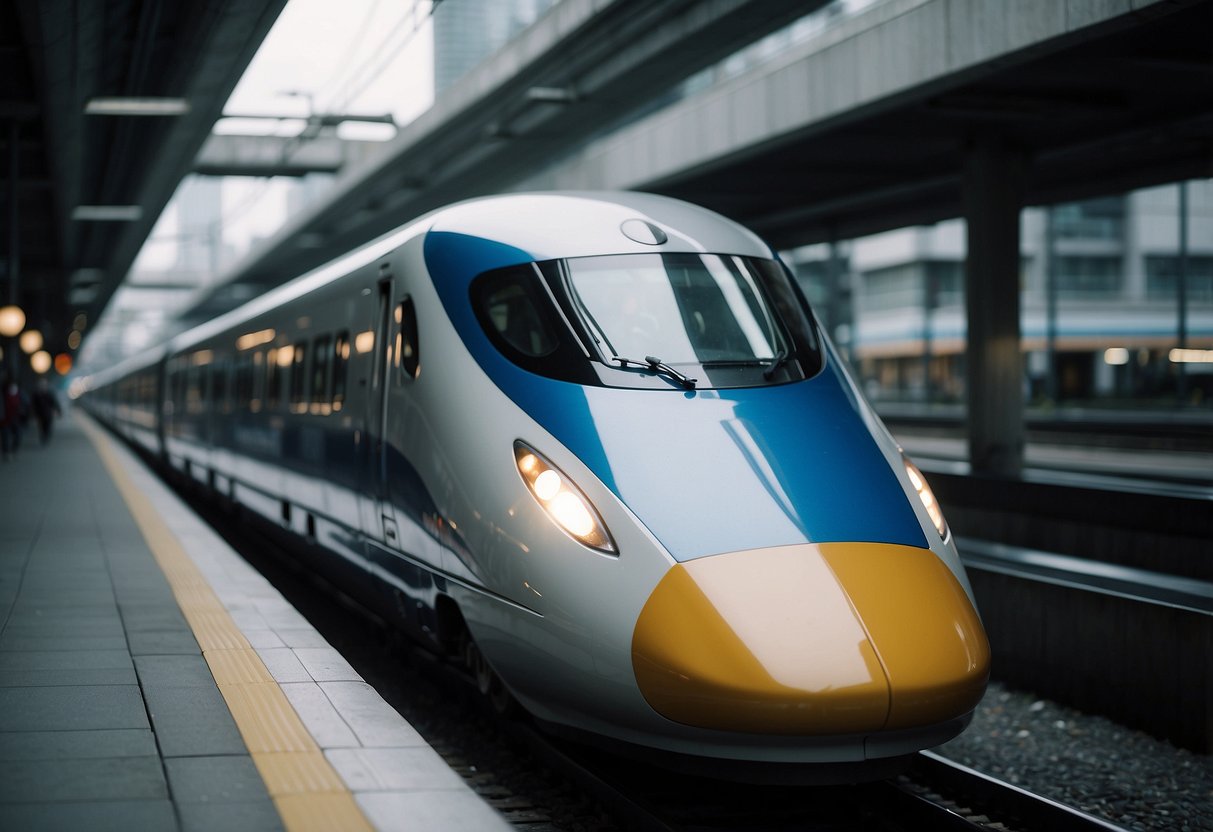 Shinkansen trains speed through modern cityscape, surpassing all other trains