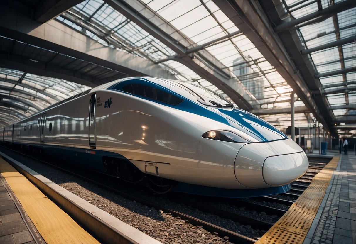 A sleek, modern Shinkansen train speeds along elevated tracks, showcasing the evolution and advancements in high-speed rail technology