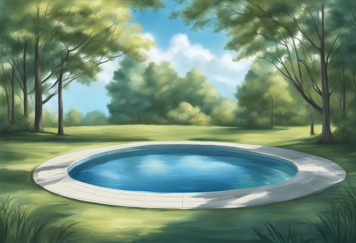 A pool cover floats on the still water, reflecting the surrounding trees and sky on its surface