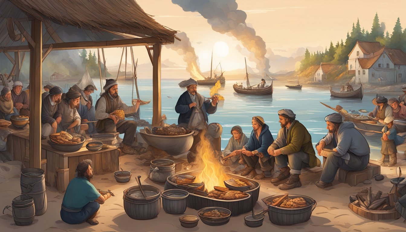 A group of people gathered around a large fire, cooking and eating whale meat. The scene is set in a coastal village, with boats and harpoons in the background