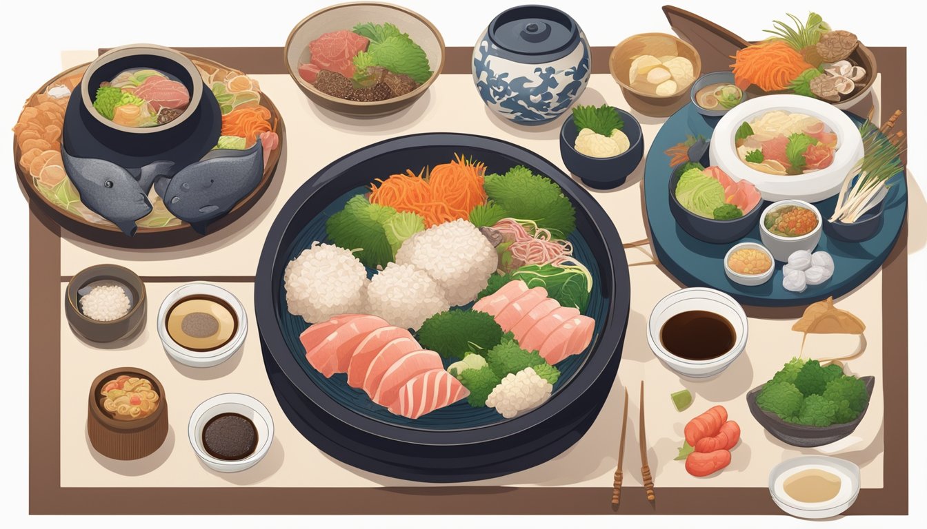 A traditional Japanese table set with whale meat dishes, surrounded by cultural artifacts and symbols of nutrition