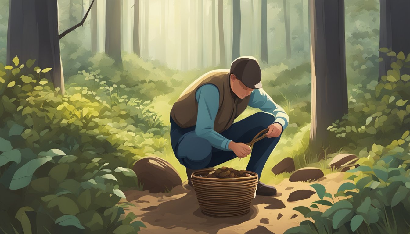 A person kneeling in a forest, digging up wild potatoes from the ground and collecting them in a woven basket