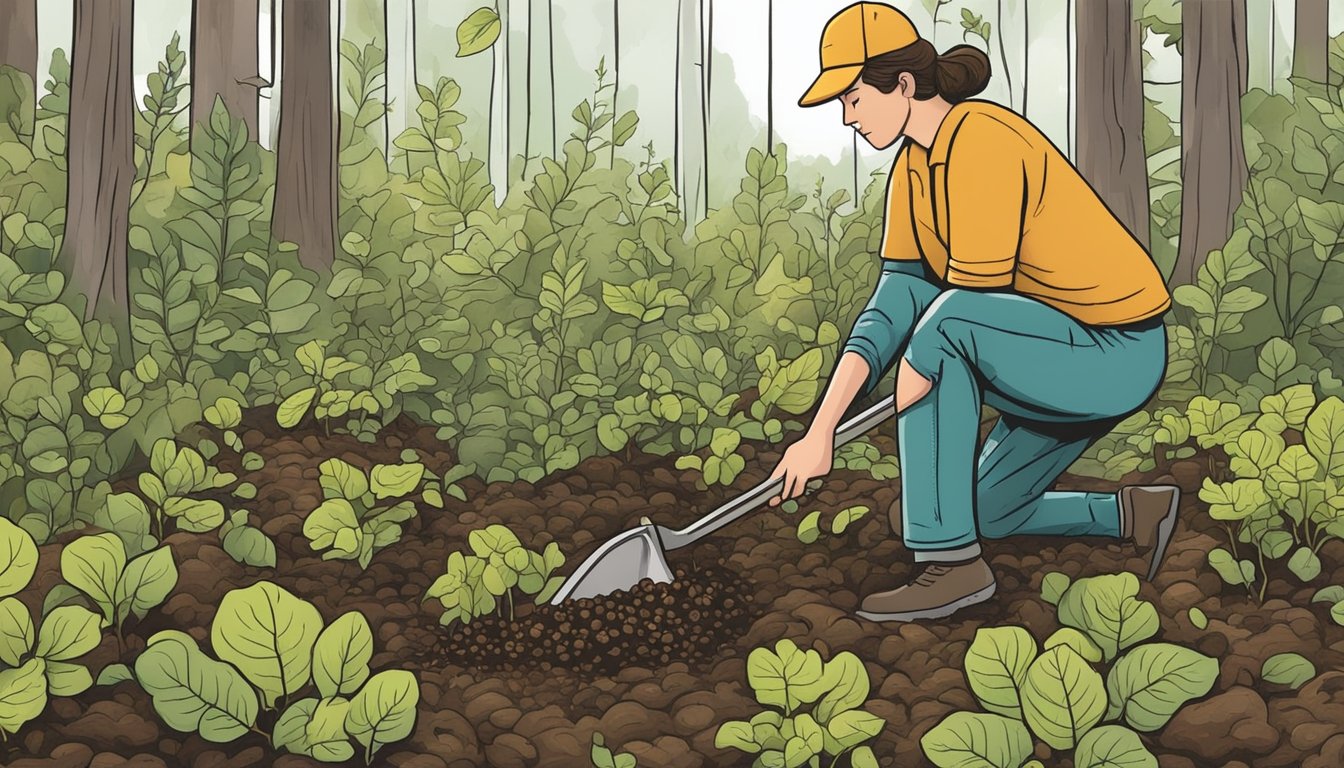 A forest floor with wild potato plants being carefully dug up and harvested by a forager using a small hand tool