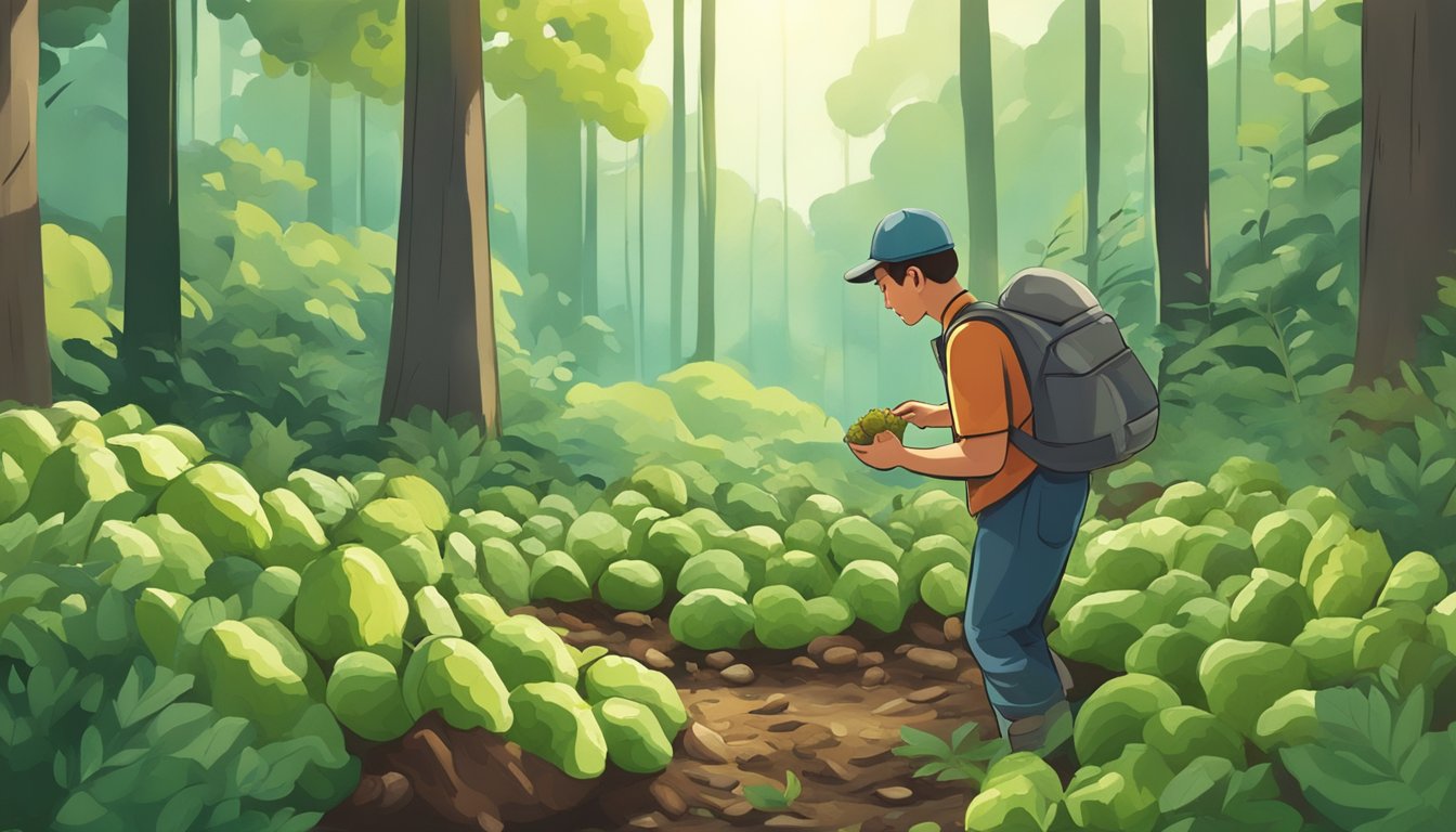 A person gathering wild potatoes in a lush forest, carefully inspecting and collecting the tubers while being mindful of potential hazards