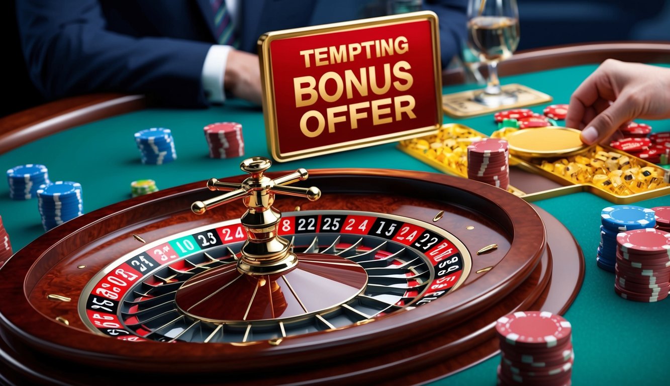 Meja roulette dengan chip berwarna-warni dan tawaran bonus yang menggoda