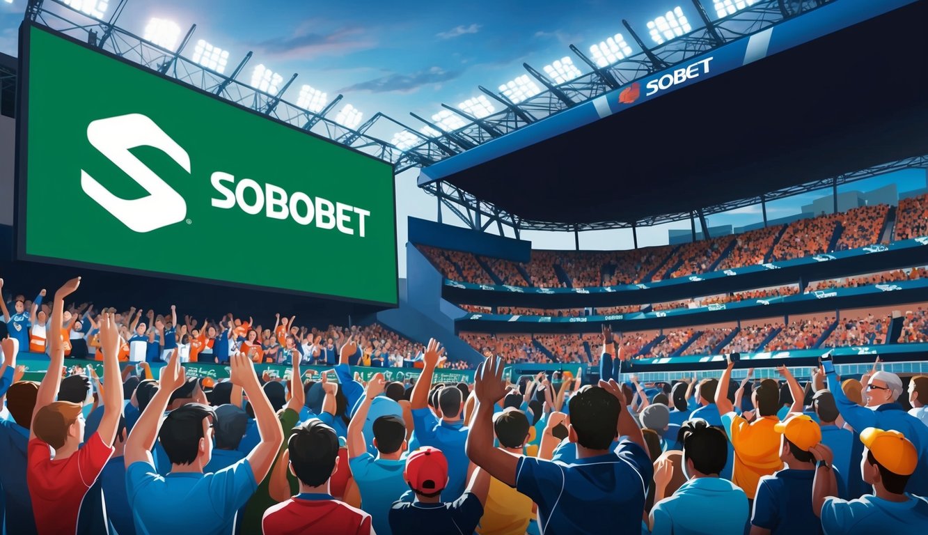 Sebuah stadion olahraga yang ramai dengan penggemar yang bersorak dan papan skor besar yang menampilkan logo Sbobet