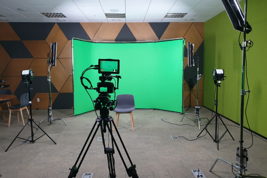 Film Studio Set with Focus on Empty Chair.