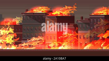 fire in burning buildings on city street orange flame cityscape background flat horizontal Stock Vector