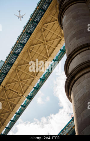 Flight over Tower Bridge in London Stock Photo