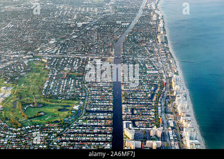 Fort Ft. Lauderdale Florida,Lauderdale by the Sea,beach,window seat,aerial view,intracoastal,Coral Ridge County Club golf course,coastline,FL190905004 Stock Photo