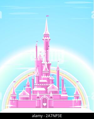 Fairy-tale Pink Sparkly Palace Castle Fortress with Rainbow and flag vector illustration. Stock Vector