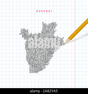 Burundi sketch scribble map drawn on checkered school notebook paper background. Hand drawn map of Burundi. Realistic 3D pencil. Stock Photo