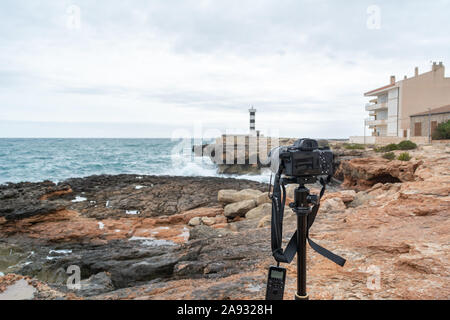 Colonia de Sant Jordi, Mallorca / Spain - December 24, 2018:  Sony a7rII camera on a tripod and connected to an intervalometer, arranged to timelapse. Stock Photo