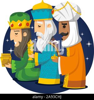 Three Wise Men, the three Kings, Melchior, Gaspard and Balthazar. Vector illustration cartoon. Stock Vector