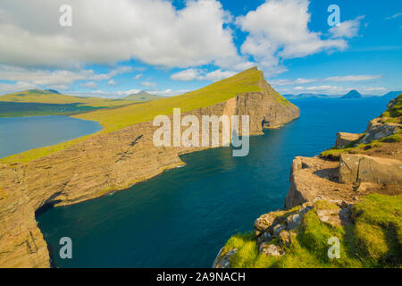 Traelanipa Overlook, 'Lake above the Ocean', Vagar Island, Faroe Islands, North Atlantic Ocean, Escher-like view Stock Photo