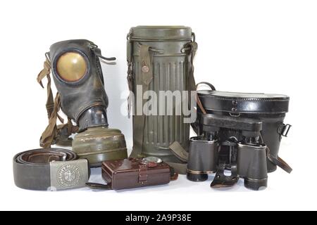 German equipment WW2 gase mask binoculars belt buckle light Stock Photo