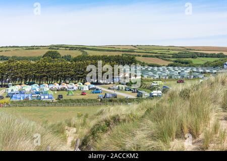 Campsite and holiday cabins from Croyde Beach, Croyde, Devon, England, United Kingdom Stock Photo