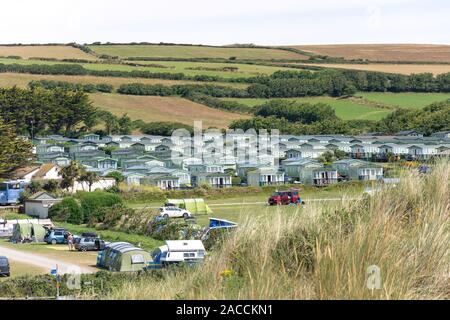 Campsite and holiday cabins from Croyde Beach, Croyde, Devon, England, United Kingdom Stock Photo