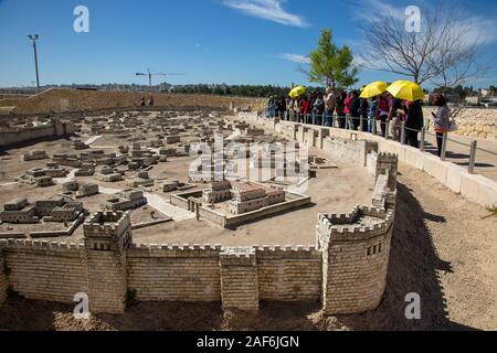 Israel, Jerusalem, Israel Museum. Model of Jerusalem in the late Second Temple period 66CE scale of 1:50. The fortification surrounding the city Stock Photo